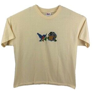 Blue Bird & Birdhouse Embroidered  Yellow T shirt Size XL (46-48)